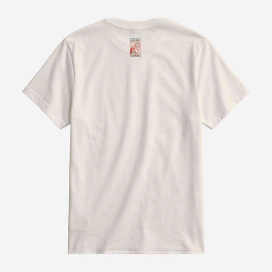 Cat Pyramids, Bilingual Arabic and English Typography reading Cairo Works and شغل كايرو basic fit t-shirt, crew neck, in natural off-white color, back logo