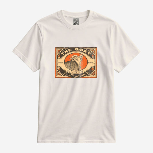 Natural THE GOAT Regular Fit Tee – Off-white regular fit tee with Egyptian GOAT graphic, front mockup – Cairo Works streetwear