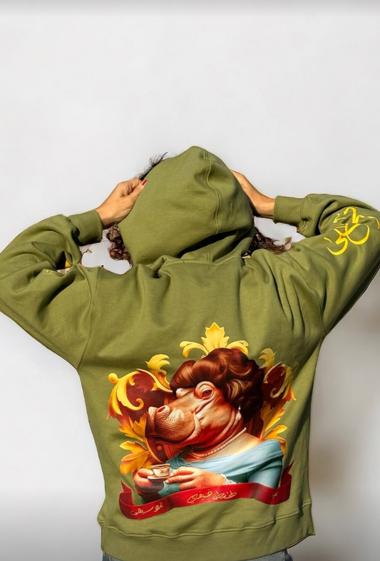 Olive Tant Fifi Unisex Hoodie – Olive green streetwear hoodie with Egyptian embroidered design – Cairo Works