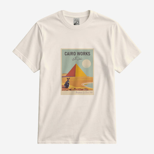 Cat Pyramids, Bilingual Arabic and English Typography reading Cairo Works and شغل كايرو regular fit t-shirt, crew neck, in natural off-white color